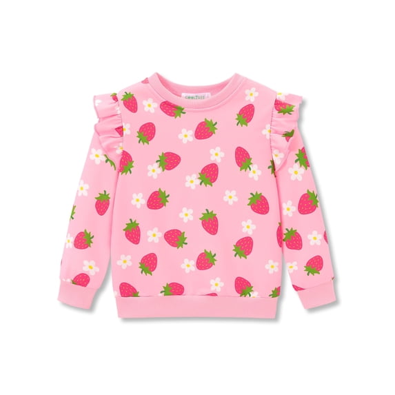 Cooltree Crewneck Sweatshirt for Girls - Pink Strawberry Long Sleeve Pullover Ruffle Trim Tops Size 4T