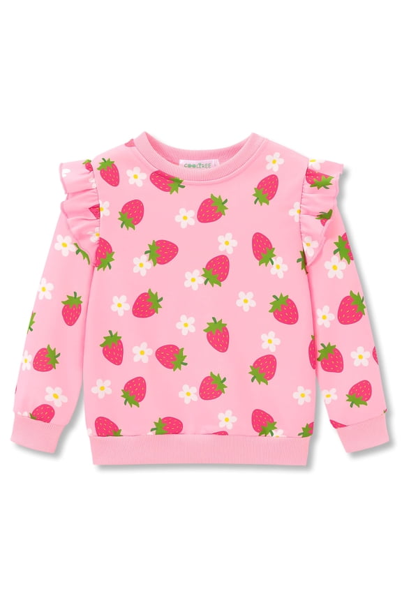 Crewneck Sweatshirt for Girls - Pink Strawberry Long Sleeve Pullover Ruffle Trim Tops Size 6