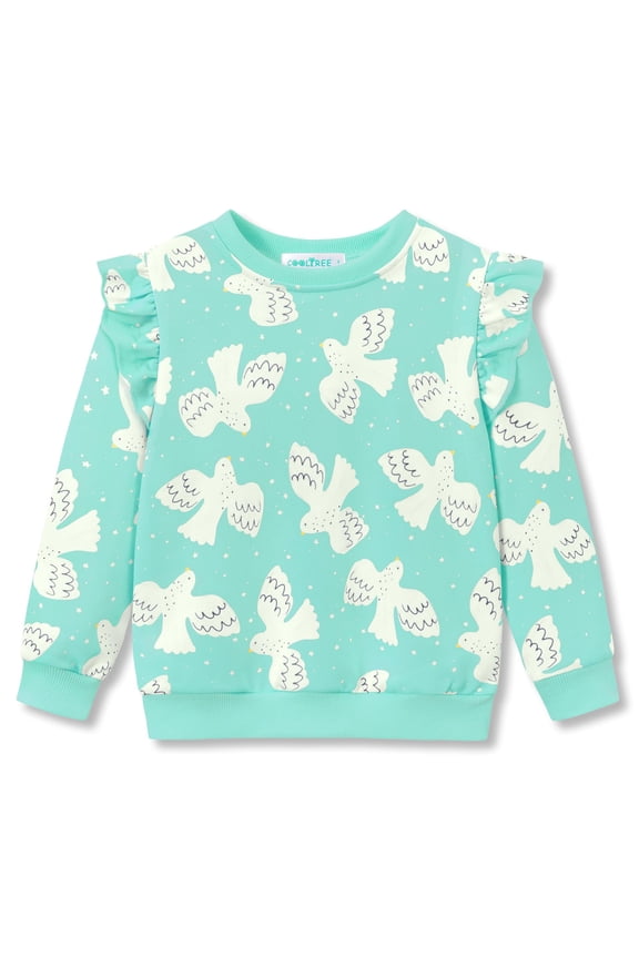 Crewneck Sweatshirt for Girls - White Bird Green Long Sleeve Pullover Ruffle Trim Tops Size 4T