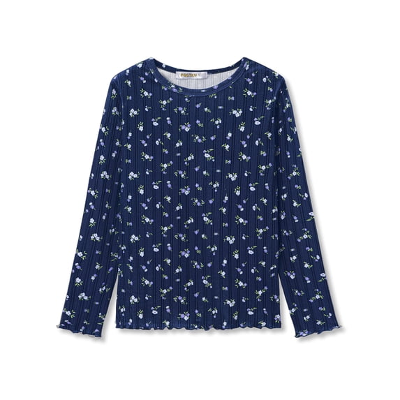 Cooltree Crewneck T-Shirt for Girls - Navy Blue Soft Ditsy Floral Pointelle Long Sleeve Pullover Stylish Tops Size 10