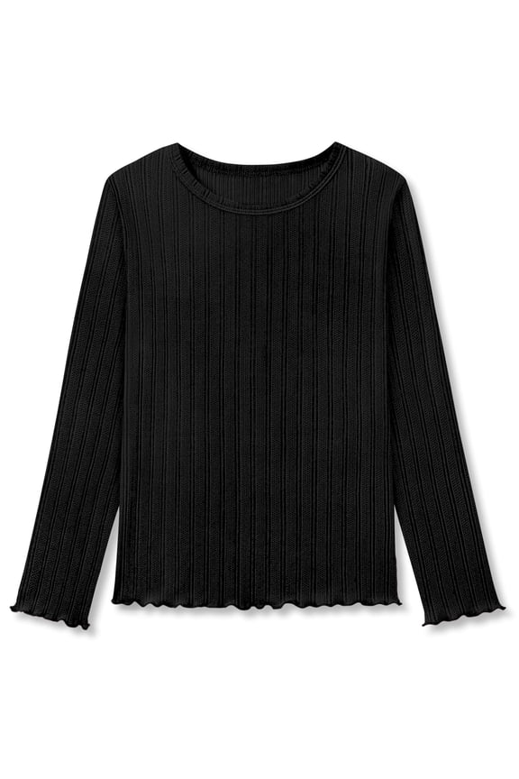 Crewneck T-Shirt for Girls - Pure Black Soft Pointelle Long Sleeve Pullover Stylish Tops Size 16