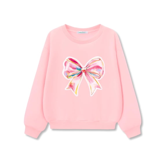 Cooltree Girl's Pink Sweatshirt - Watercolor Bow Graphic Crewneck Fleece Drop Shoulder Pullover Tops Size 10