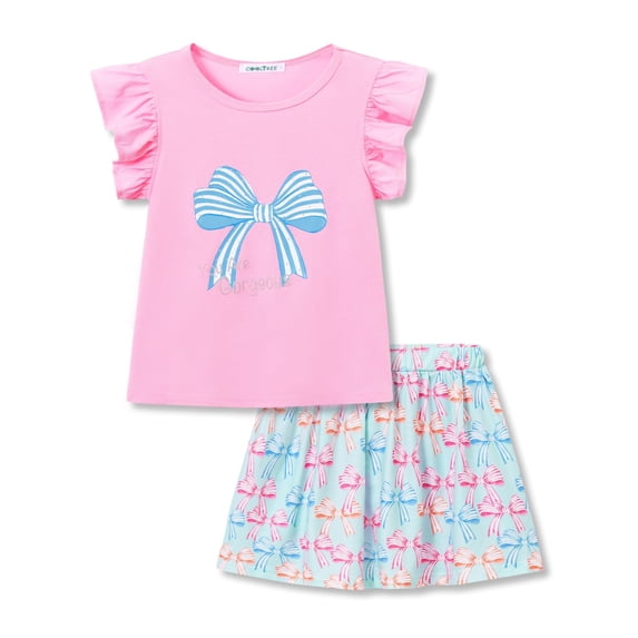 Cooltree Toddler Girls 2-Piece Skirt Set - Ruffled Purple Top & Striped Bow Print Skort Outfits for Little Girls Size 6