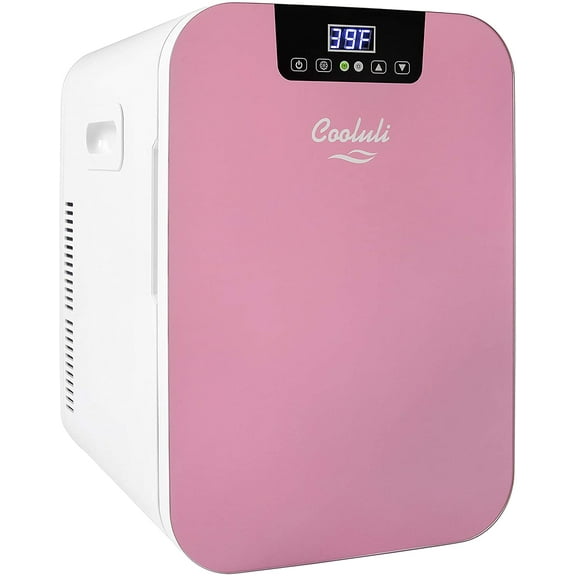 Cooluli 20L Mini Fridge For Bedroom - Car, Office Desk & College Dorm Room - Glass Front & Digital Temperature Control - Small 12v Refrigerator for Food, Drinks, Beauty & Breast Milk (Pink)