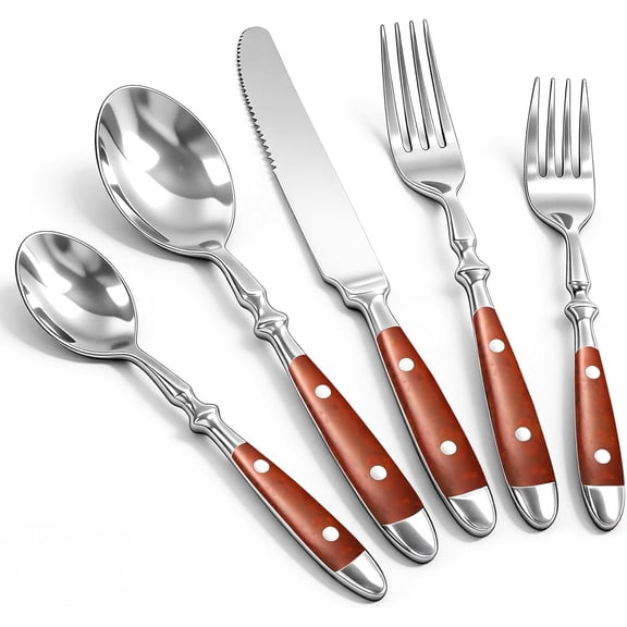 Cooluxry 20pcs Brown Silverware Set Service for 4,Vintage Flatware Set with Brown Bakelite Handle, Stainless Steel Cutlery Set, Dishwasher Safe Y101