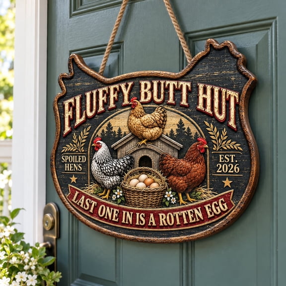 Coop Door Sign, Fluffy Butt Hut Last One in Is a Rotten Egg Personalized DeDoor Sign, Wood Wall Decor for Poultry Keepers