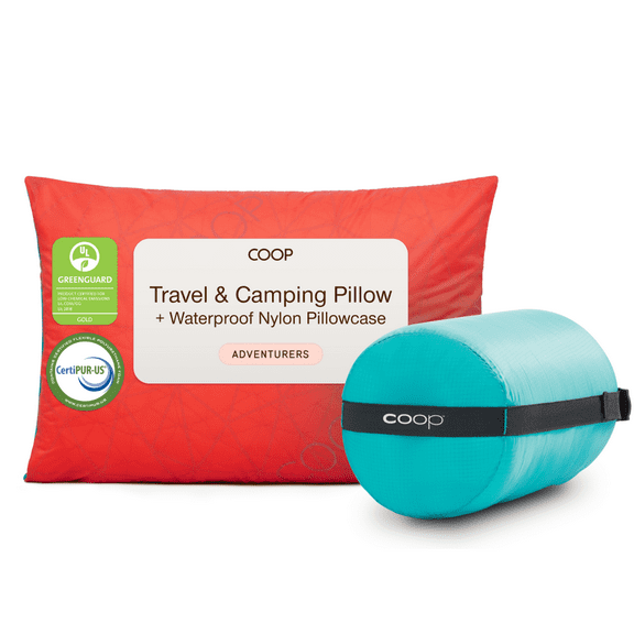 Coop Home Goods Adjustable Travel Pillow - 1 Camping Pillow and 1 Red Pillowcase Bundle with Compressible Stuff Sack