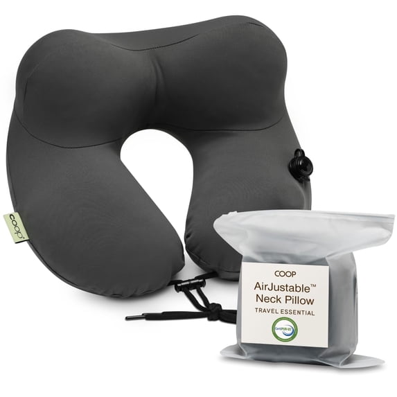 Coop Home Goods AirJustable Travel Neck Pillow, Inflatable, Adjustable Support for Neck & Chin, Compact Travel Pillow, Soft Memory Foam Comfort, Airplane Travel Essentials, Cooling & Washable Cover