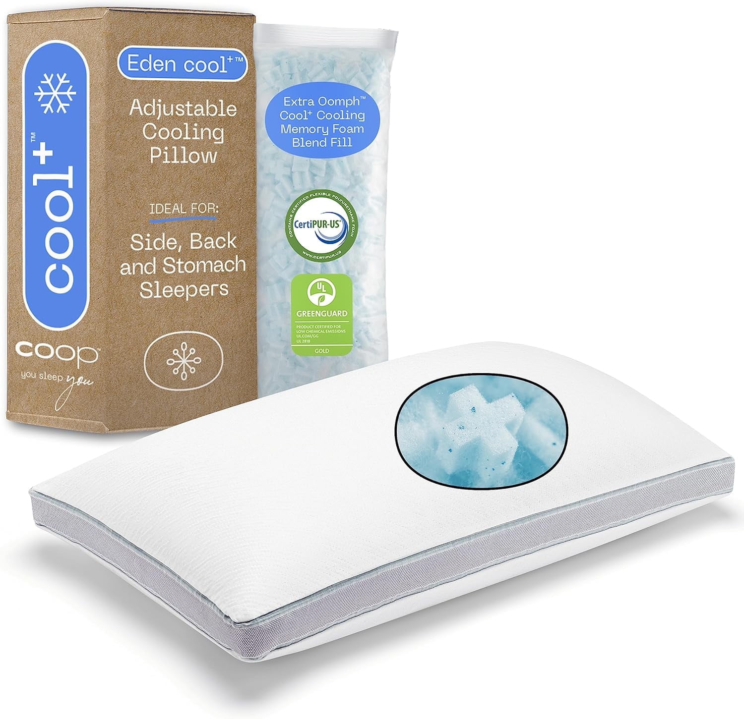Eden Cool+ Adjustable Memory Foam Pillow with Cooling Gel, 18" x 8"