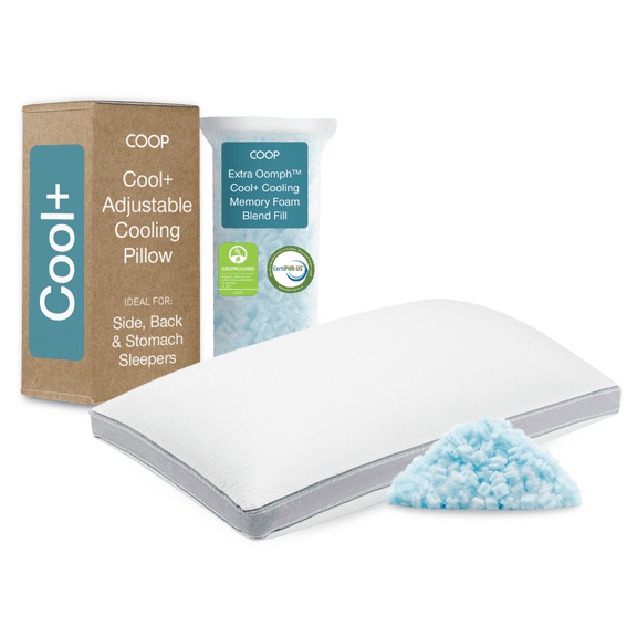 Coop Home Goods Eden Cool+ Adjustable Pillow, Queen, Memory Foam, Cooling Gel, Neck Support