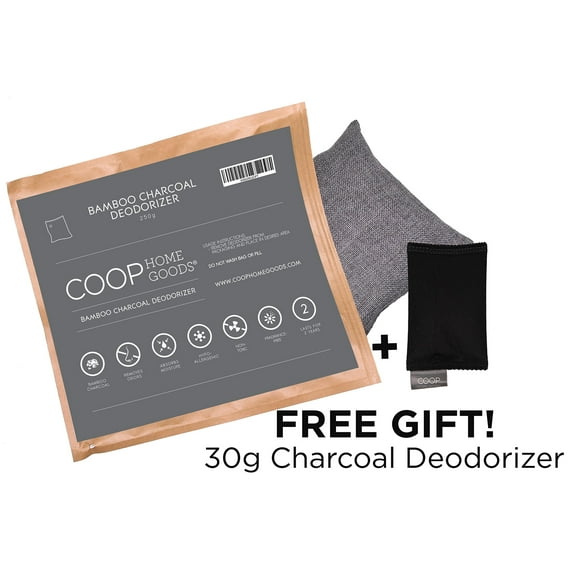 Coop Home Goods - Natural Moso Viscose Rayon Charcoal Air Purifying Bag 250 g - Natural Air Freshener Deodorizer Odor Eliminator for Home, Closet, Pet Area, Car - Free 30g Travel Sachet