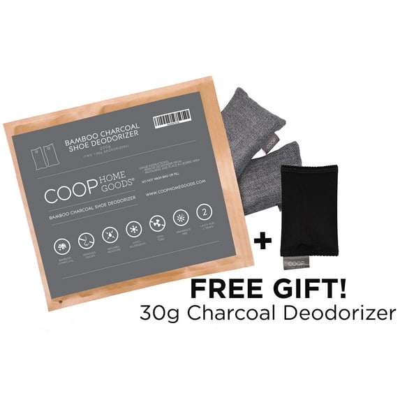 Coop Home Goods - Natural Moso Viscose Rayon Charcoal Air Purifying Bags - 100 g (2 Pack) - Deodorizer for Shoes, Boots, Gym Bag, Boxing Gloves, Closet Freshener - Free 30g Travel Sachet
