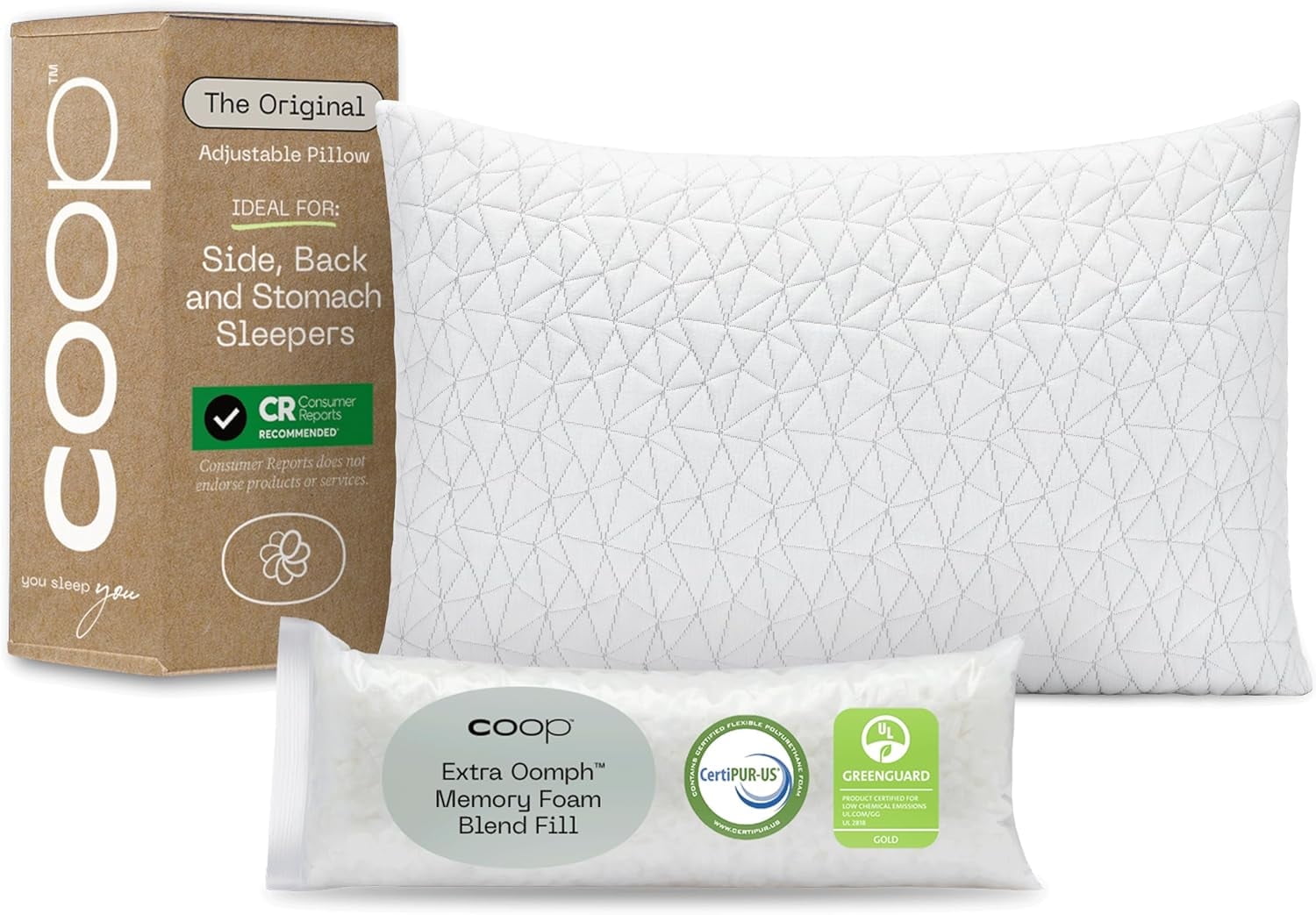 Queen White Adjustable Memory Foam Hypoallergenic Bed Pillow