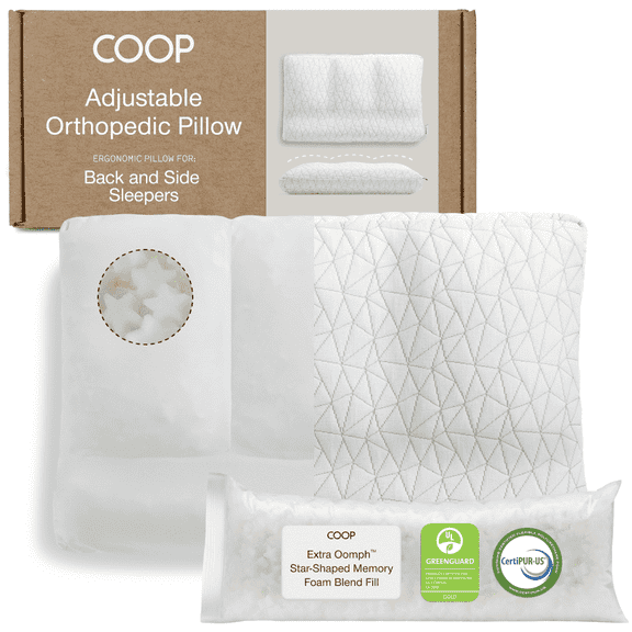 Coop Sleep Goods Adjustable Orthopedic Pillow Queen, Ergonomic Cervical Neck Support, 4-Zone Memory Foam Pillow for Side & Back Sleepers, Breathable Washable Cover CertiPUR-US/GREENGUARD Gold