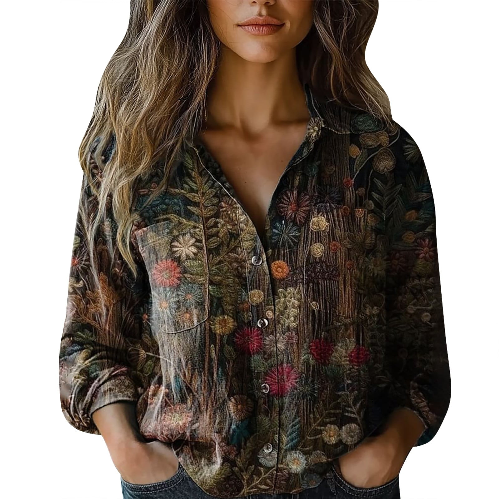 Coopang Long Sleeve Shirts for Women Boho Floral Print Roll Up Button ...