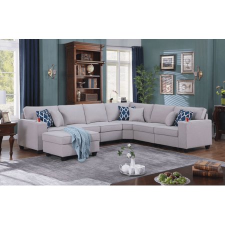 Cooper 125" Light Gray Linen 7-Piece Reversible L-Shape Sectional Sofa with Ottoman & Cupholder for US Homes | Walmart
