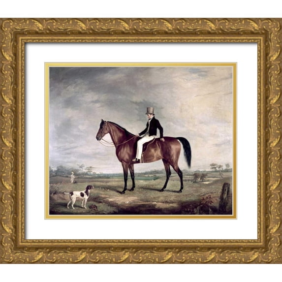 Cooper, Abraham 14x12 Gold Ornate Wood Framed with Double Matting Museum Art Print Titled - A Young Gentleman In a Grey Hat On a Bay Hunter
