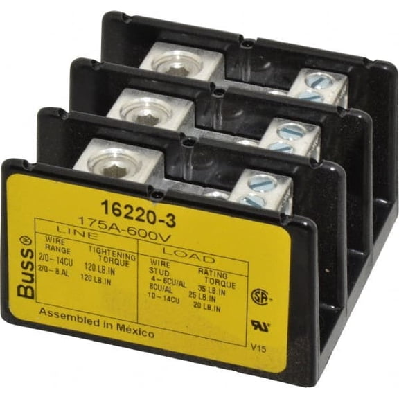Miniature Distribution Block, 3 Poles, 14 AWG to 2/0 AWG, 175 A, 600 V AC/DC, Black