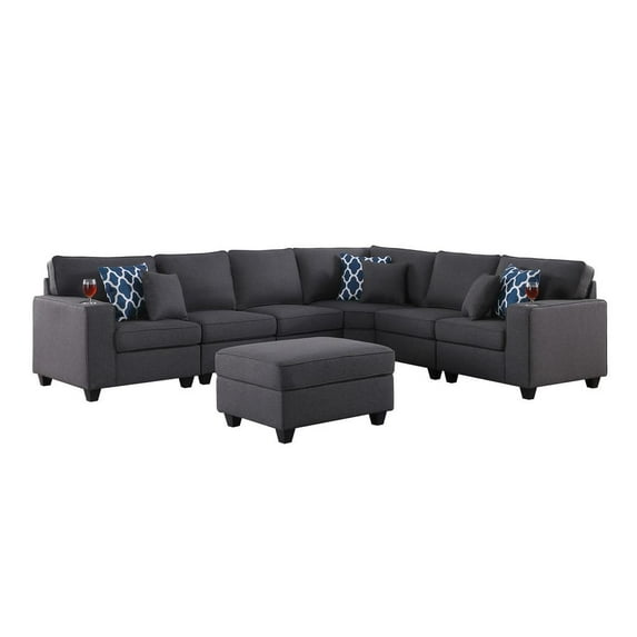 Lilola Home Cooper Dark Gray Linen 7 Pc Reversible L-Shape Sectional Sofa with Ottoman & Cupholder