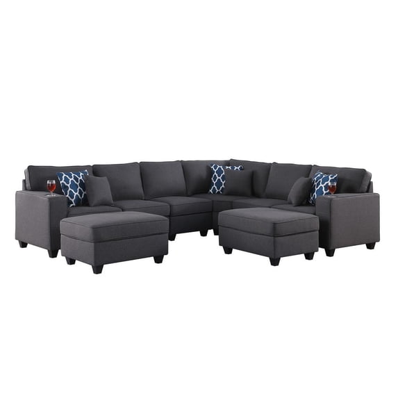 Cooper Dark Gray Linen Fabric 8Pc Reversible Sectional w/ Ottomans and Cupholder