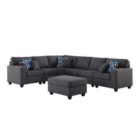 Cooper Dark Gray Linen Fabric Reversible Sectional Sofa w/ Ottoman and Cupholder