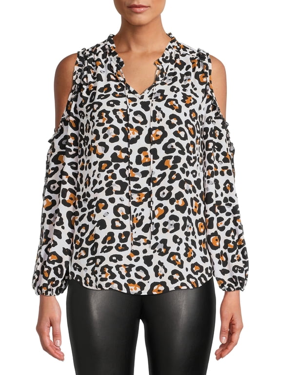 Womens Long Sleeve Cold Shoulder Ruffle Blouse