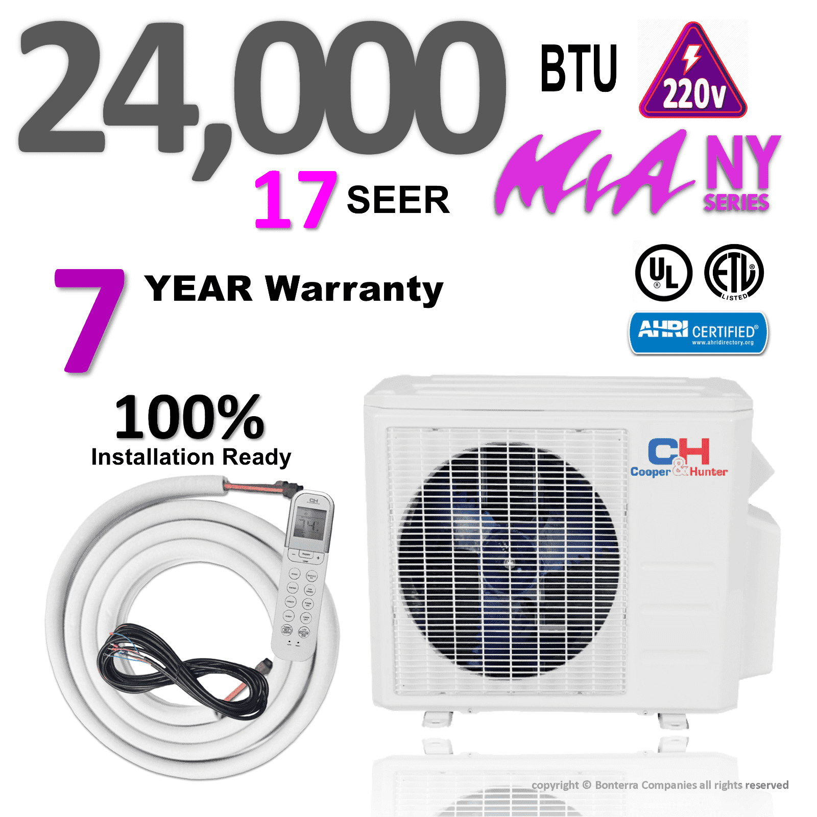Cooper & Hunter 24000 BTU Mini Split Air Conditioner Heat Pump Ductless 17 Seer