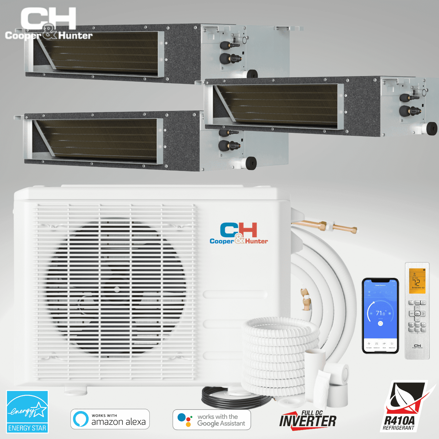 Cooper & Hunter 36000 BTU 230V Slim Ducted Tri 3 Zone Mini Split Heat Pump Air Conditioner 12K+12K+12K Cover 1650 Sq Ft