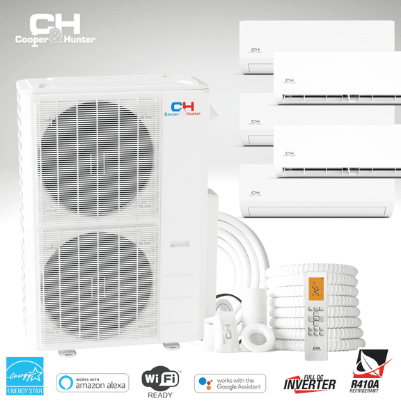 Cooper & Hunter 48000 BTU 230V Wall Mounted Five 5 Zone Mini Split Heat Pump Air Conditioner 9K+9K+9K+9K BTU Cover 2000 Sq Ft WiFi