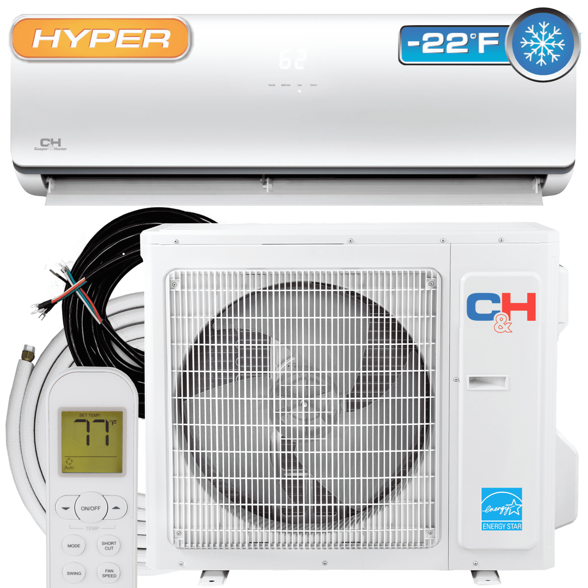Cooperu0026Hunter 9000 BTU 230V cover 400 sq ft 'Hyper Heat' Wifi Ready Mini  Split Air Conditioner Heat Pump 16ft Kit - Walmart.com