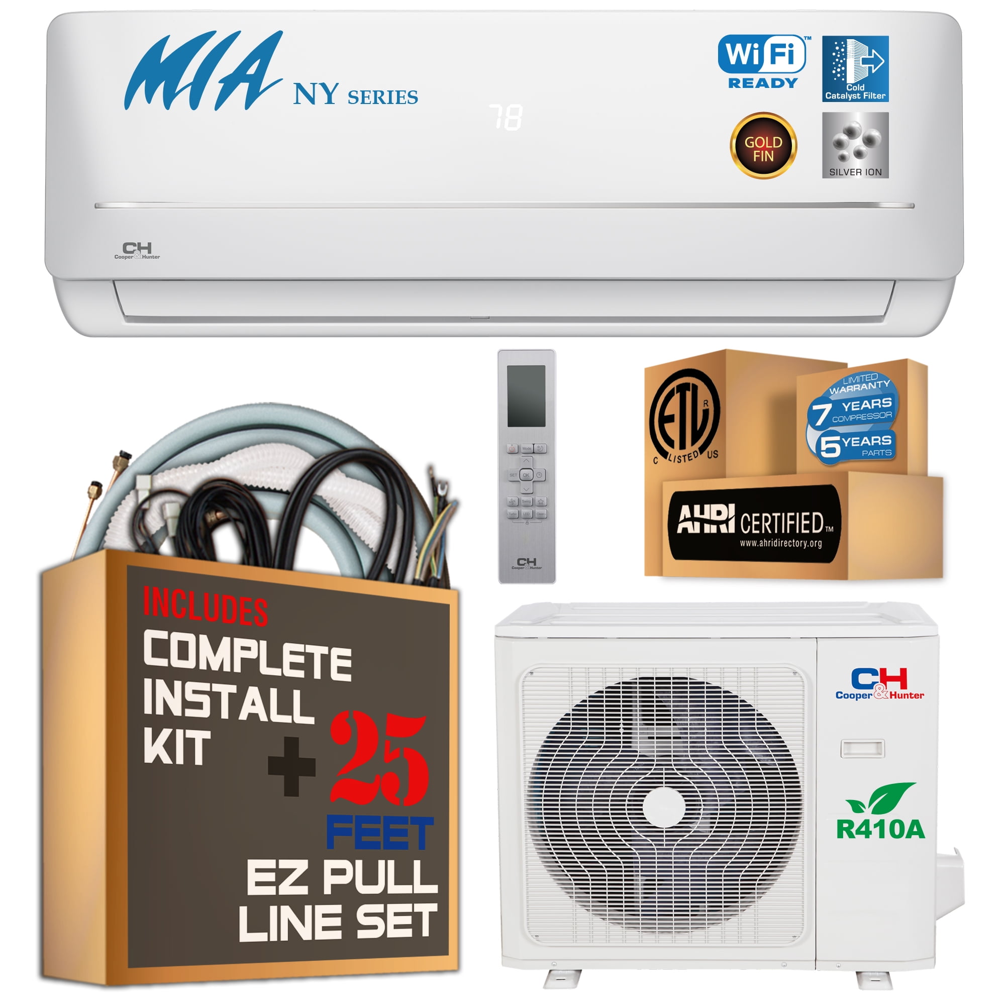 Cooper & Hunter MIA NY 24000 BTU 18 SEER Ductless Mini Split +Heat Pump WIFFI Ready 25 FT Kit