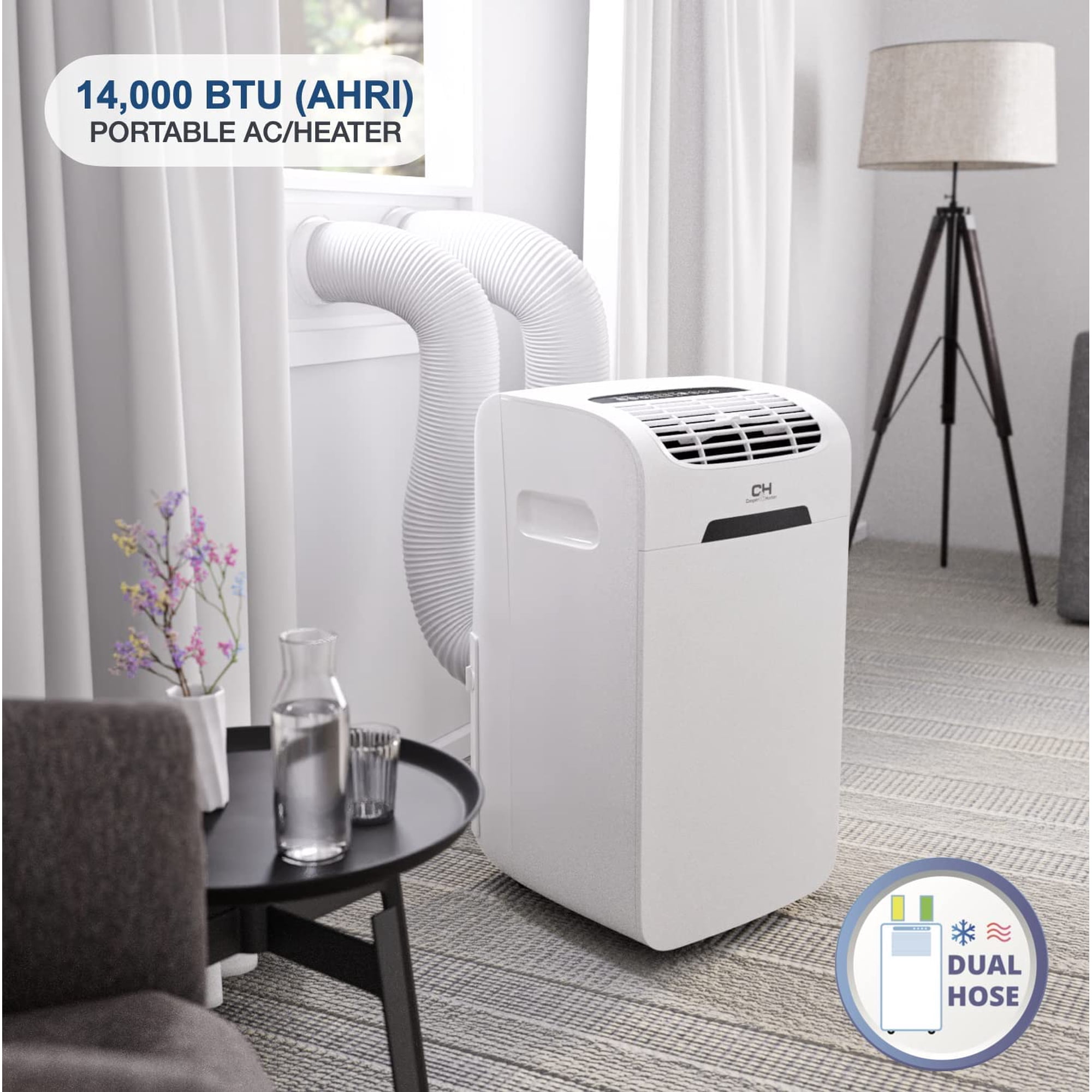 Cooper u0026 Hunter Portable Air Conditioner 14,000 BTU 115V Dual Hose Heat  Pump | Remote Controller u0026 Window Kit | Cools up to 450 SQ FT - Walmart.com
