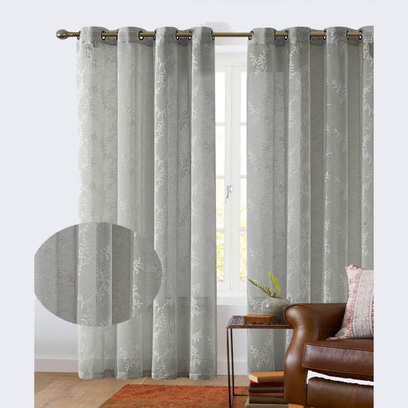 Cooper Leaf Embroidered Sheer Grommet Window Curtain Panel, Gray-White, 54x84 Inches