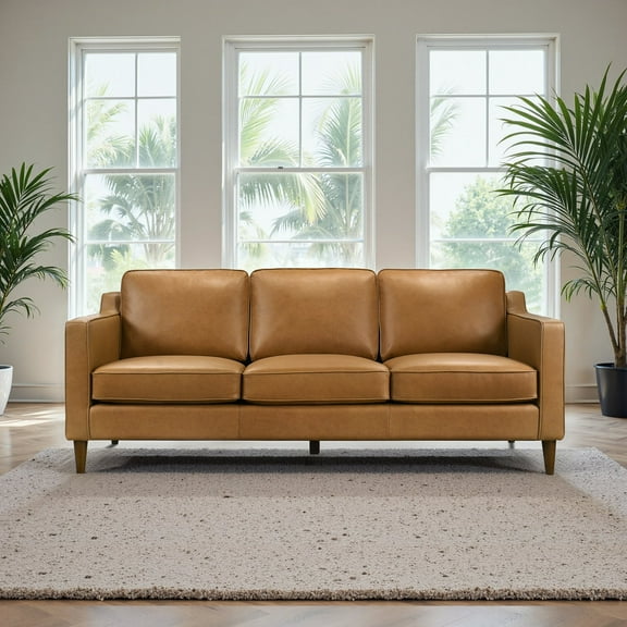 Cooper Mid Century Modern Tan Leather Sofa