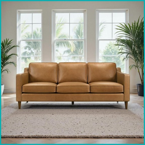 Cooper Mid Century Modern Tan Top Grain Leather Sofa  Easy-Clean Living Room Couch with Robot-Friendly High Feet