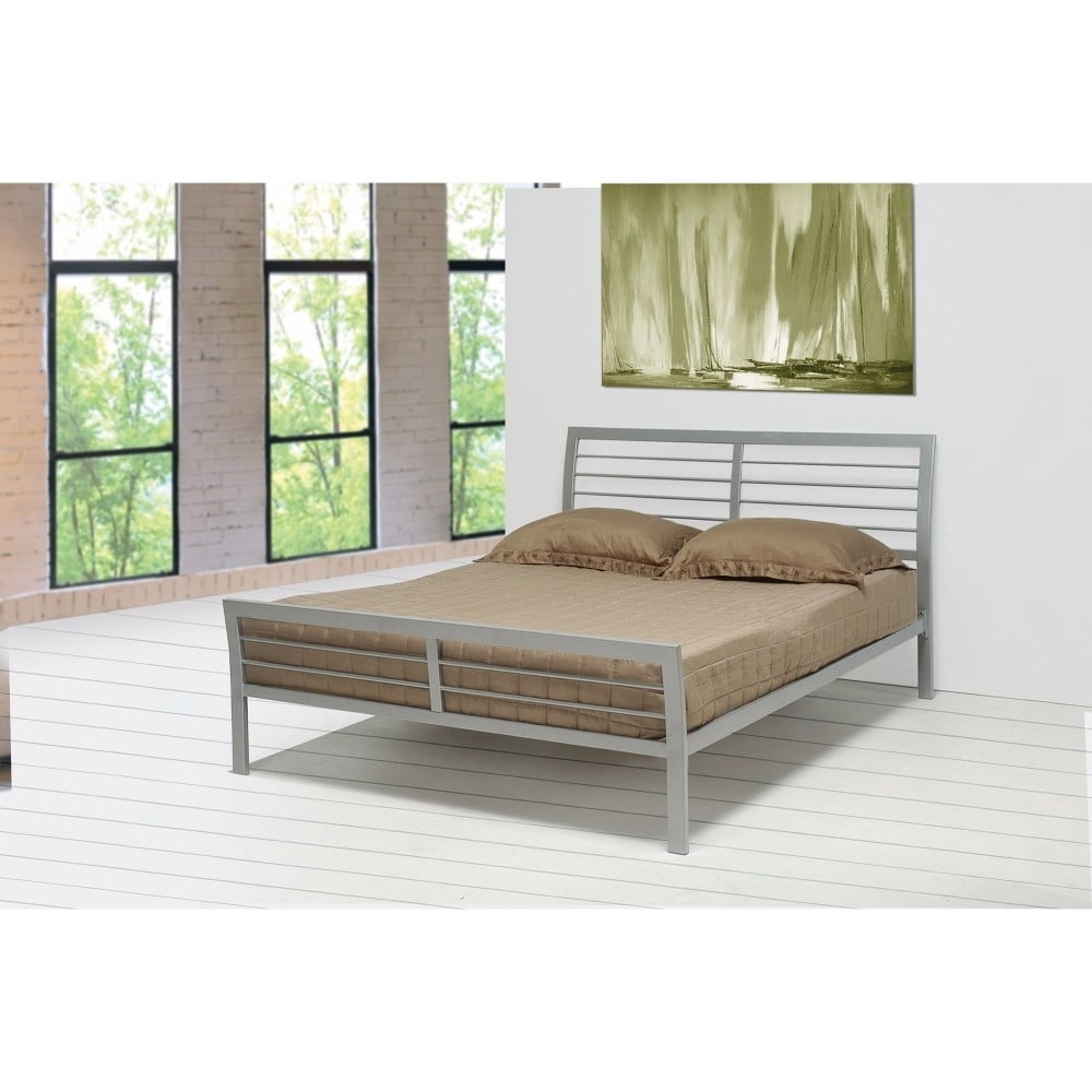 Silver Queen Platform Bed with Metal Headboard and Slats