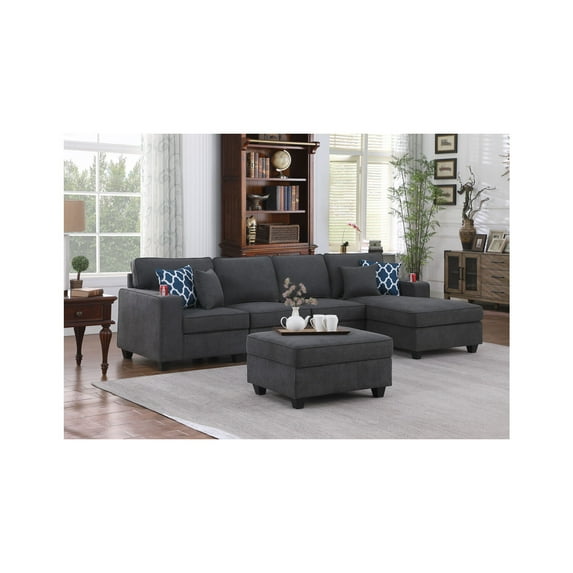 Cooper Stone Gray Woven Fabric Sectional Sofa Chaise with Ottoman and Cupholder