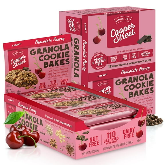 Cooper Street - Chewy Granola Bakes, Chocolate Cherry Oatmeal Cookies, Granola Bars Alternative, Guilt-Free Snack/Breakfast Cookies, No Nuts, Dairy, Soy & Artificial Ingredients, 12ct Economy 2 Packs