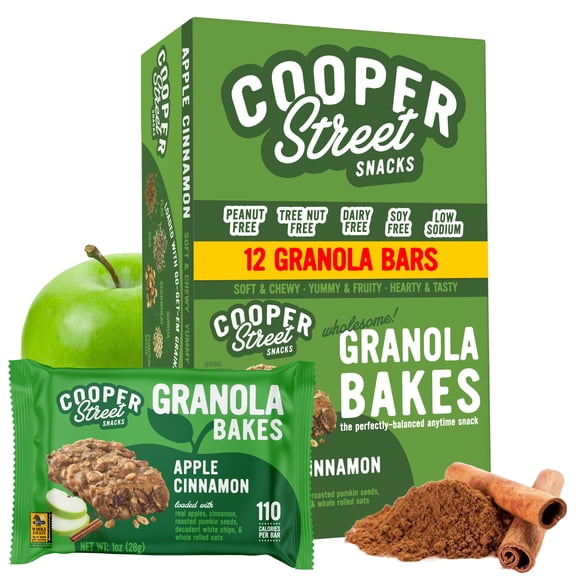 Cooper Street Individually Wrapped - Apple Cinnamon Breakfast Granola Bars - Nut, Dairy & Soy Free, Low Sodium, Only 110 Cal - 12 Bars