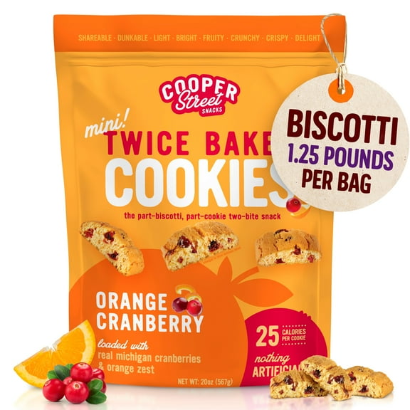 Cooper Street Italian Biscotti Cookies - 1.25 Pounds of Twice Baked Biscotti Italian Cookie Biscuits | Orange Craberry Biscotti | Crispy, Light and Healthy Cookies | Peanut & Dairy Free Biscotti