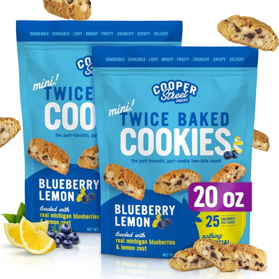 Cooper Street Italian Biscotti Cookies - Twice Baked Biscotti Style Cookie Biscuits in Delicious Blueberry Lemon Flavor | Crispy, Light and Healthy Cookies | Peanut & Dairy Free | 20oz | 2 Pack