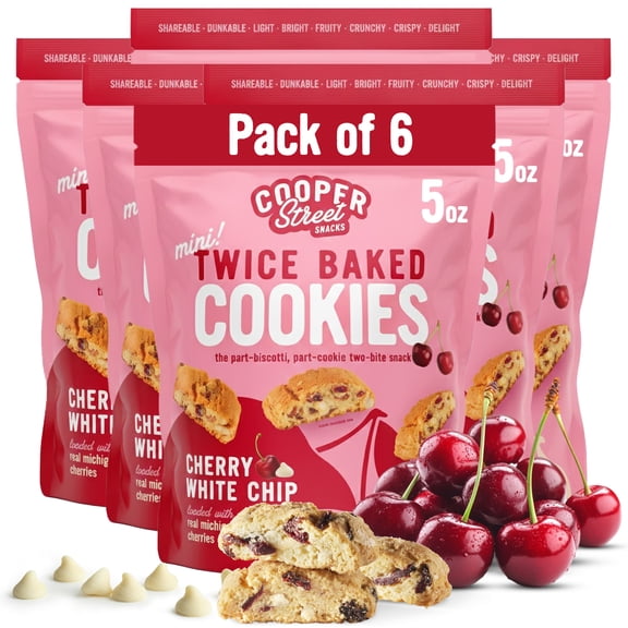 Cooper Street Twice Baked Cherry White Chip Italian Biscotti Cookies - Peanut & Dairy Free Cookies for Coffee, Kosher - 5oz Pack of 6