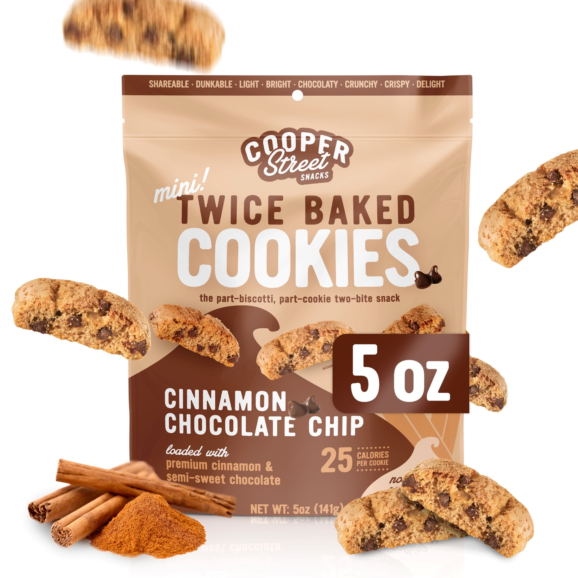 Cooper Street Italian Biscotti Cookies - Twice Baked Biscotti Style Cookie Biscuits in Delicious Cinnamon Chocolate Chip | Crispy, Light and Healthy Cookies | Peanut & Dairy Free | 5oz | 1 Pack