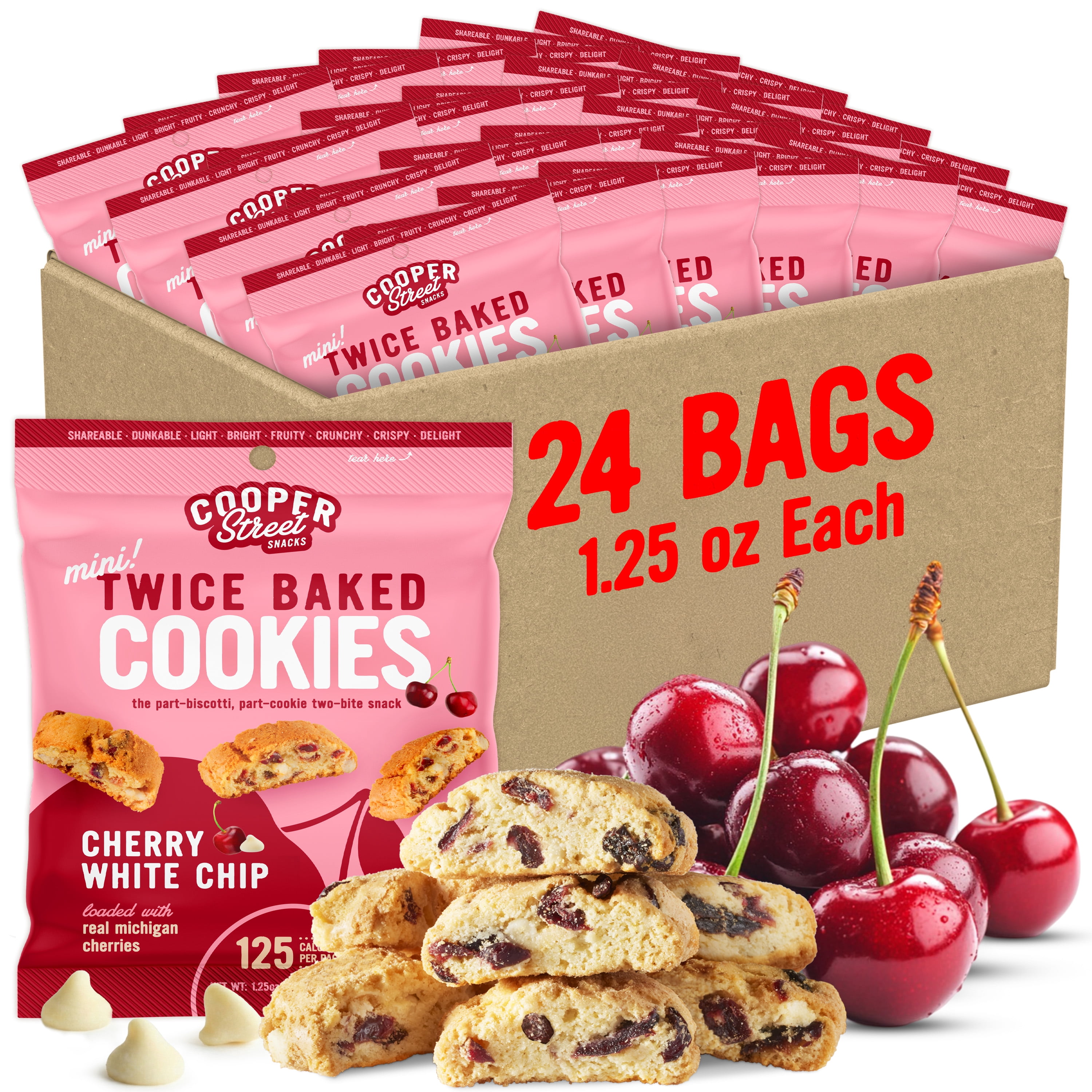 Cooper Street Twice Baked Biscotti Cookies - Cherry White Chip Biscotti - Dairy & Peanut Free, Kosher Coffee Cookies - 1.25oz - 24 Pack