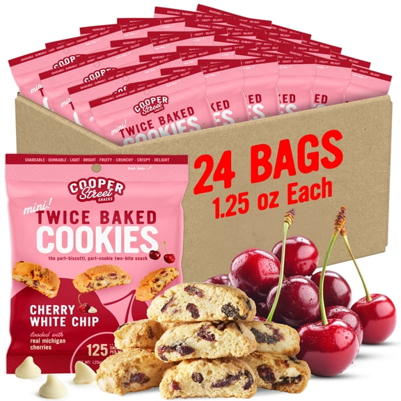 Cooper Street Twice Baked Biscotti Cookies - Cherry White Chip Biscotti - Dairy & Peanut Free, Kosher Coffee Cookies - 1.25oz - 24 Pack