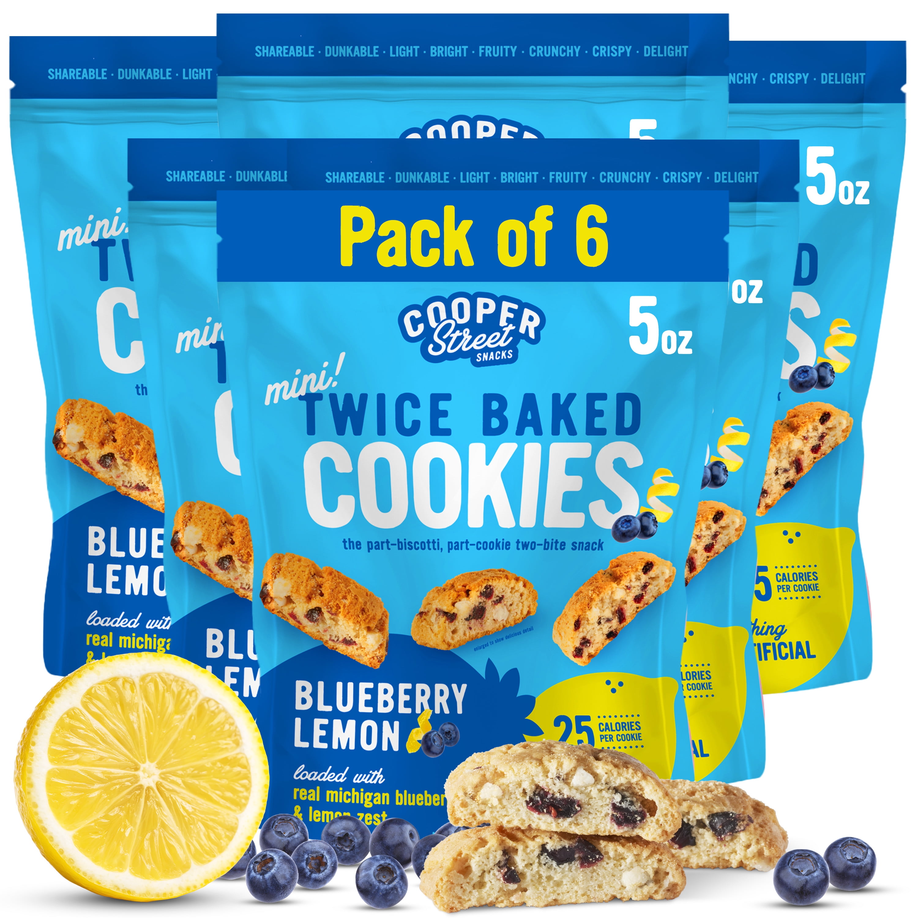 Cooper Street Twice-Baked Lemon Blueberry Biscotti Mini Biscotti Cookies – Dairy, Peanut & Soy Free, Kosher - 5oz - 6 Pack