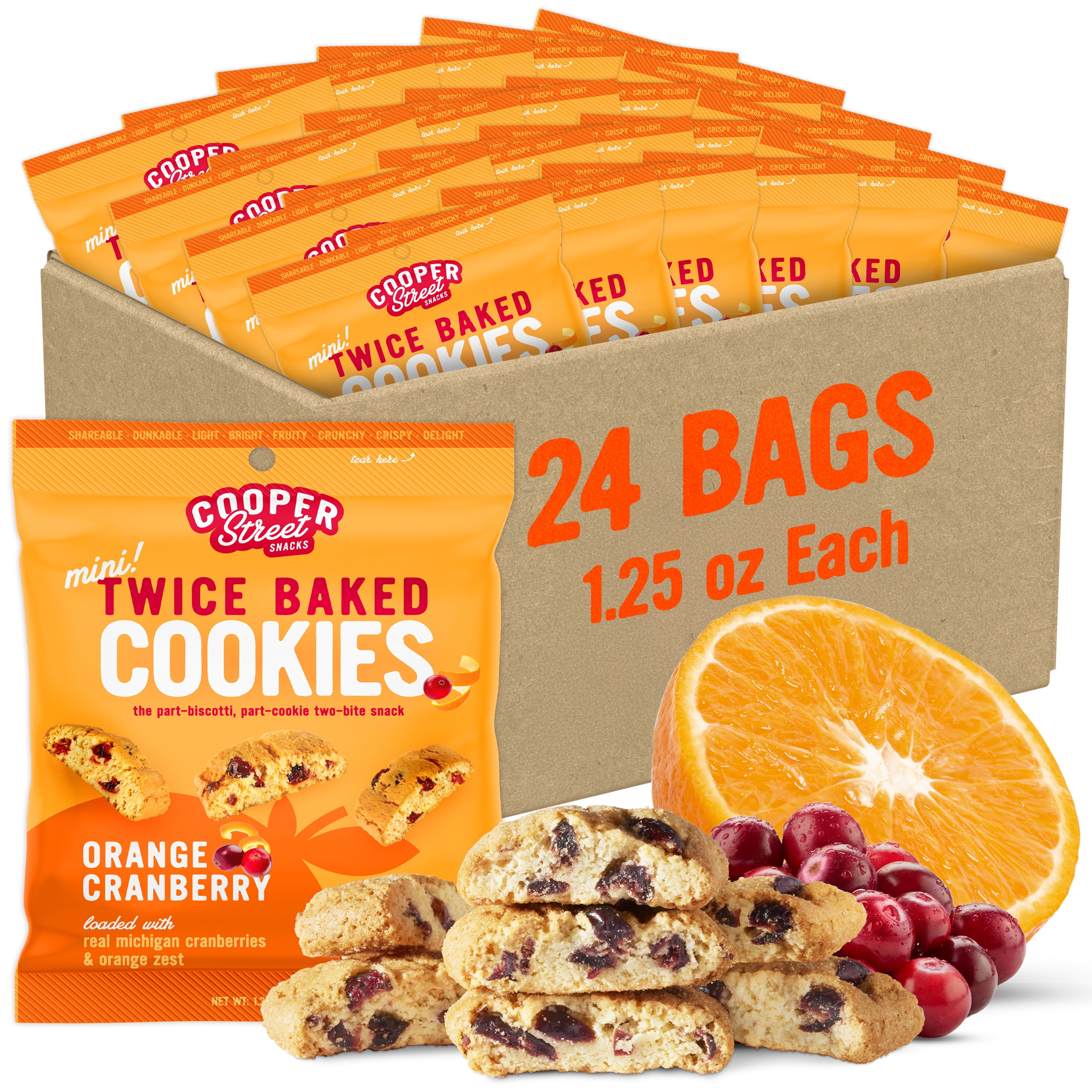Cooper Street Twice Baked Italian Biscotti Cookies - Orange Cranberry Biscotti - Peanut, Dairy & Soy Free, 1.25oz Individual Packs - 24 ct