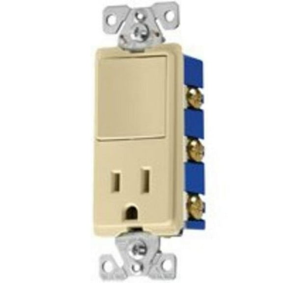 Cooper Wiring Devices 7730V Combination Single Pole Rocker Light Switch and 15A Receptacle, Back & Side Wired, Grounding, Ivory