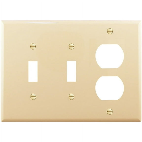 Cooper Wiring Devices PJ28V 3-Gang Combination Toggle Switch Duplex Outlet Wall Plate, Unbreakable Polycarbonate, Mid-Size, Ivory