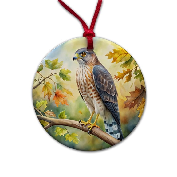 Cooper's Hawk Raptor Bird Of Prey In Tree Watercolor Christmas Tree Holiday Round Ceramic Ornament